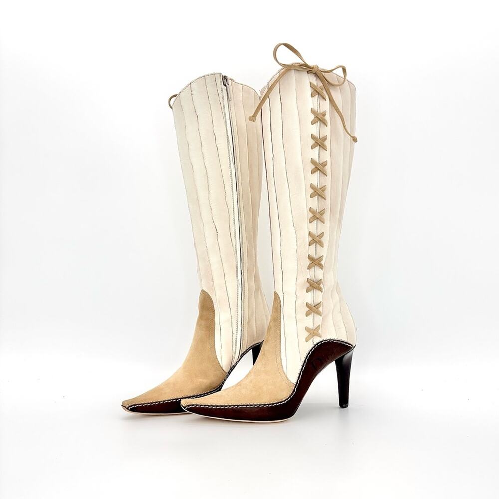 NIB Dior John Galliano F/W 2001 Lace Up Knee High Pointed Toe Cowboy Boots 37.5